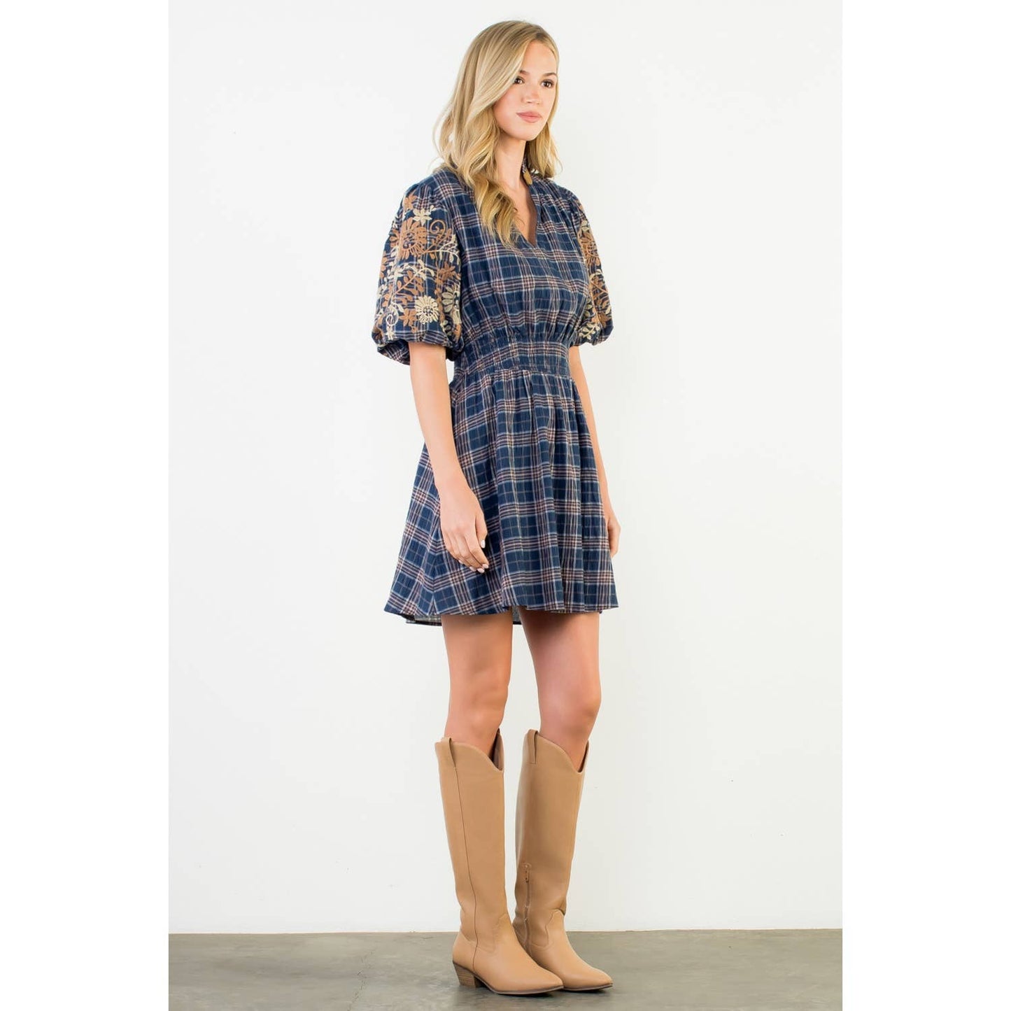 Khloe Embroidered Puff Sleeve Plaid Dress