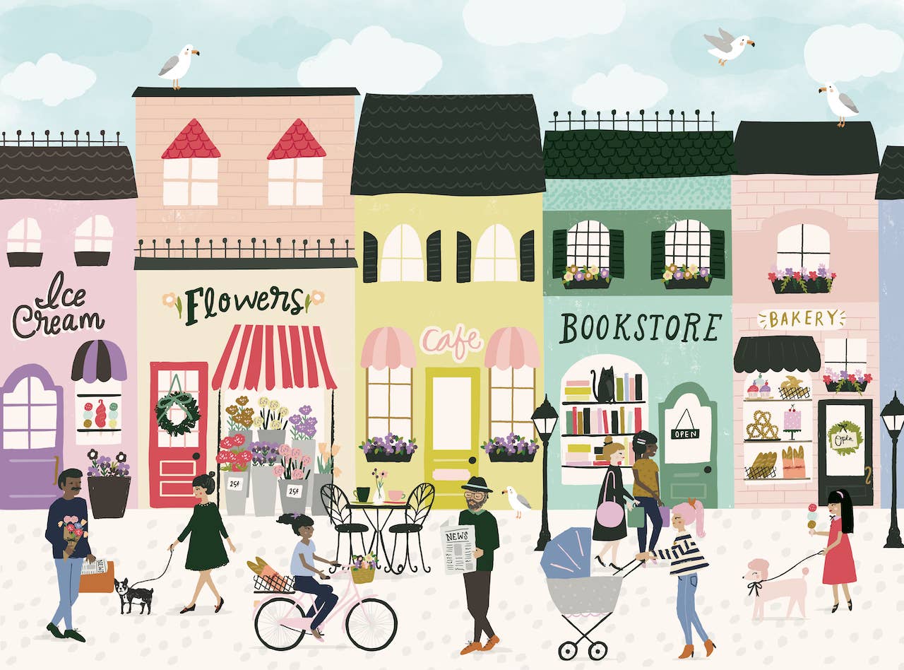 Illustration of a quaint town street with various shops and people going about their day.