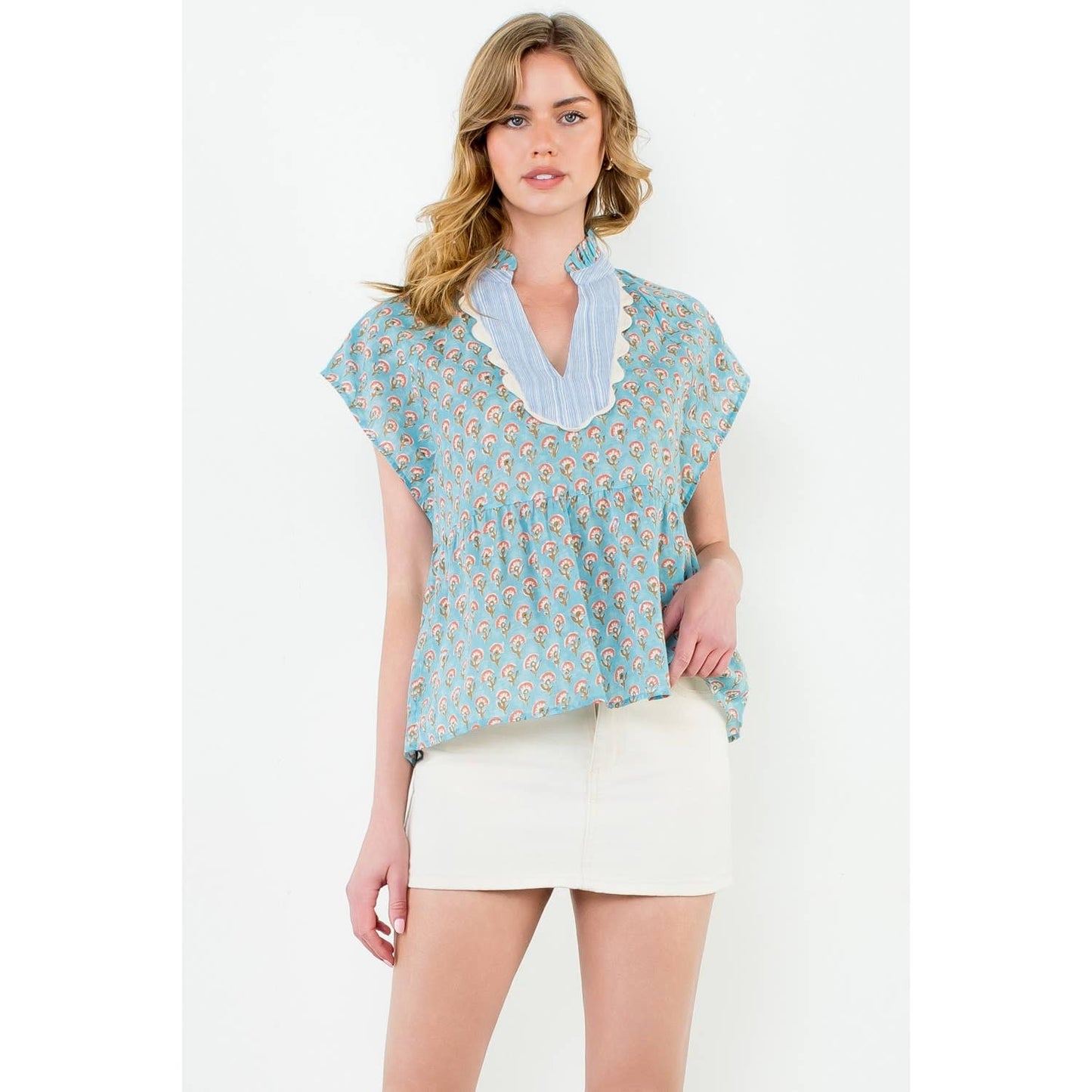 Clare Short Sleeve Mixed Print Top