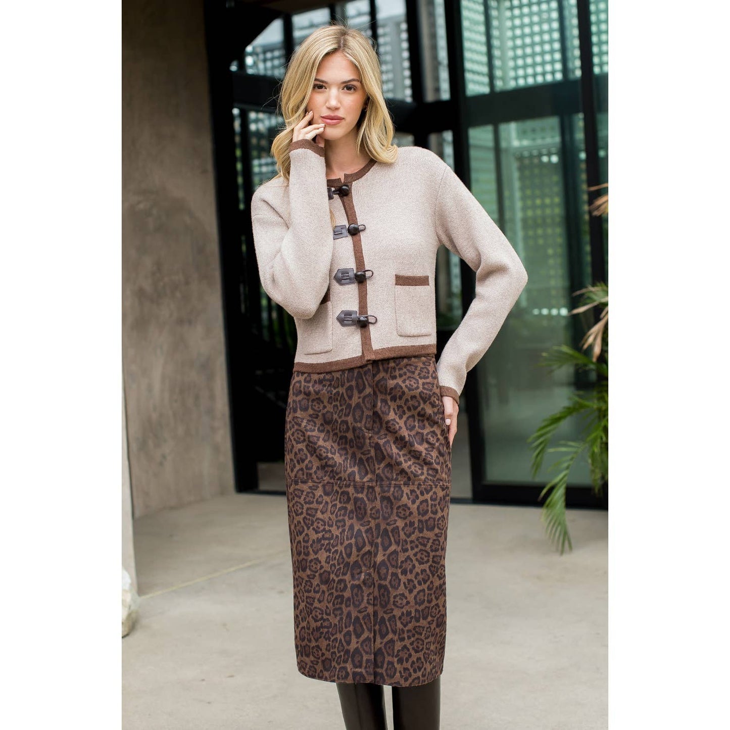 Talley Leopard Print Suede Midi Skirt