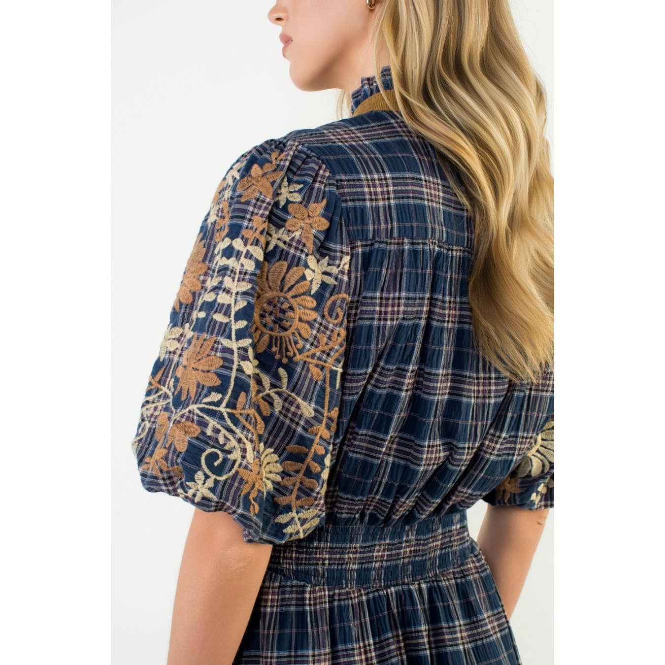 Khloe Embroidered Puff Sleeve Plaid Dress