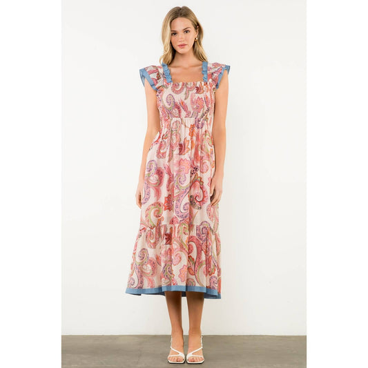 Jeanie Smocked Flutter Sleeve Paisley Print Midi Dress