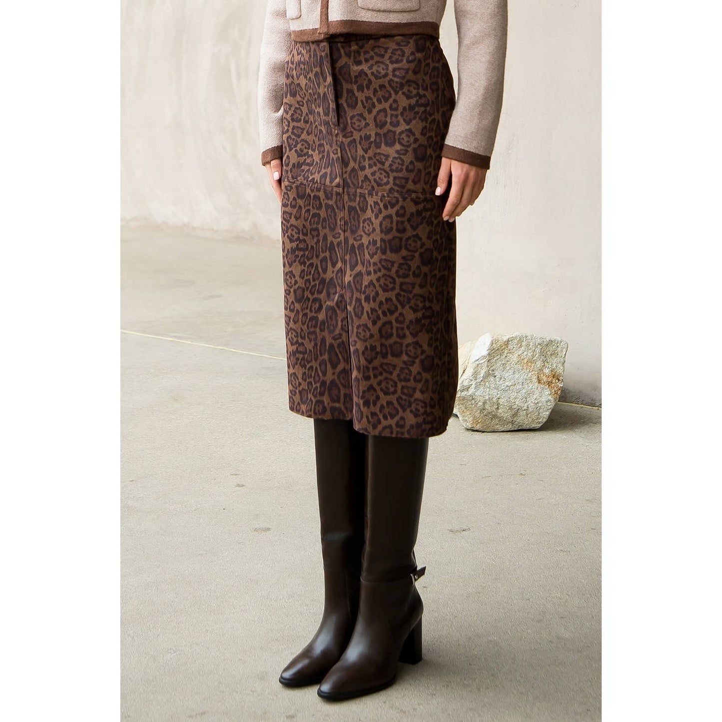 Talley Leopard Print Suede Midi Skirt