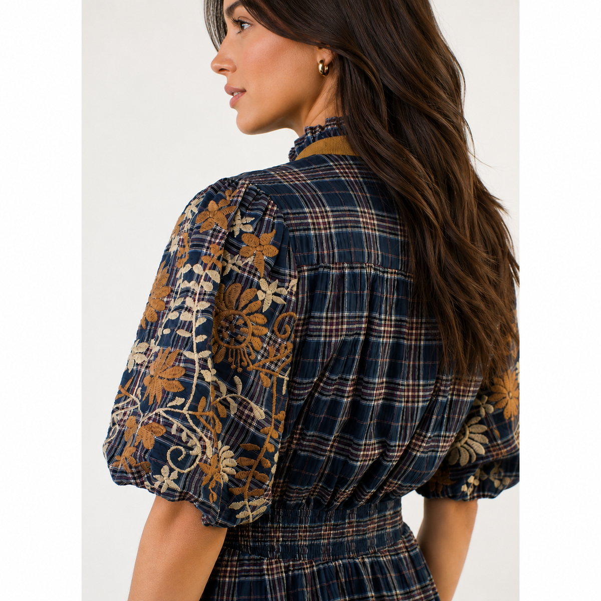 Cheyenne Plaid Dress with Embroidered Sleeves