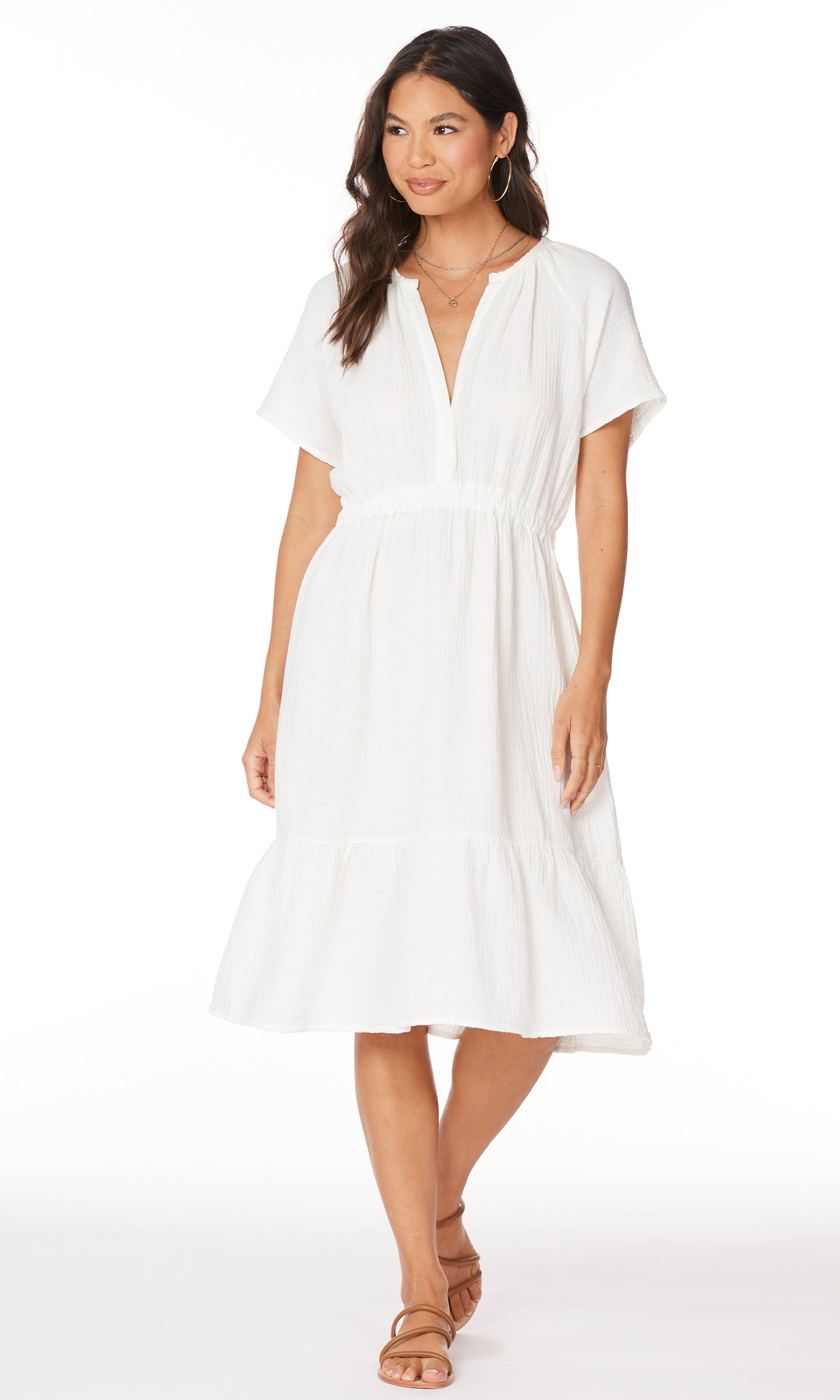 Milano Elastic Waste White Ruffle Dress