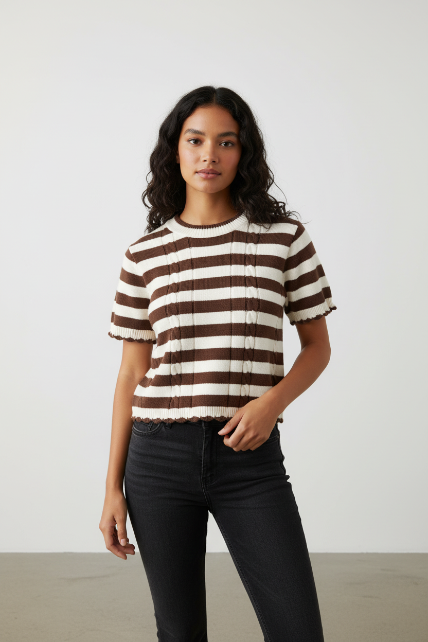 Margeaux Brown and White Cable Sweater