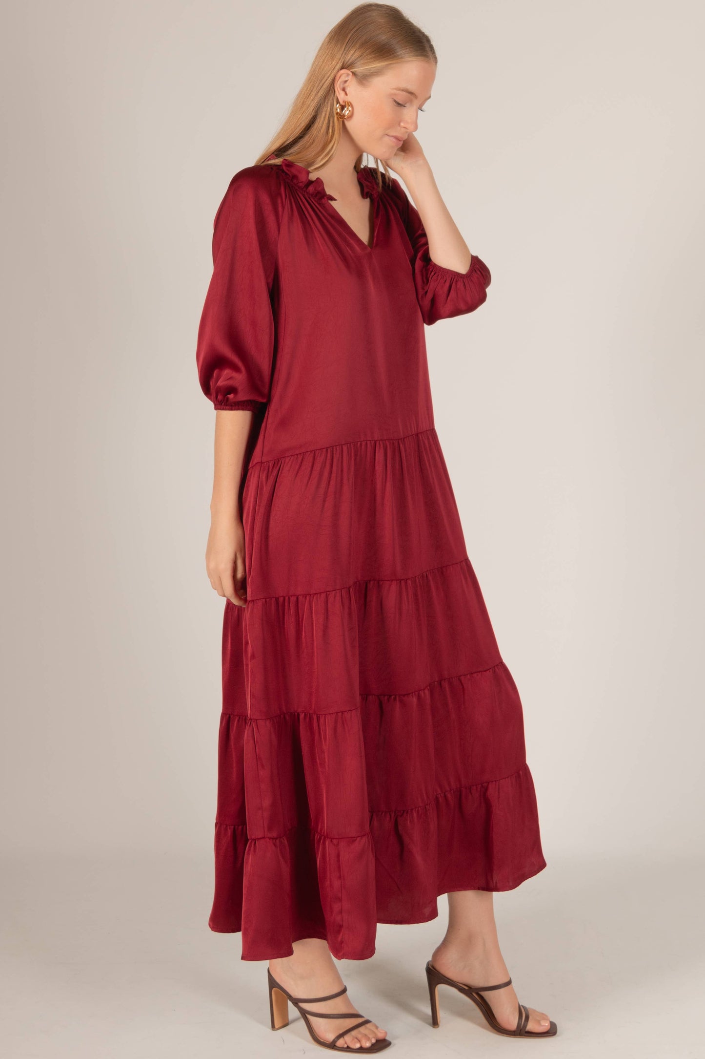 Crinkle Satin Ruffled Neckline Tiered Maxi Dress