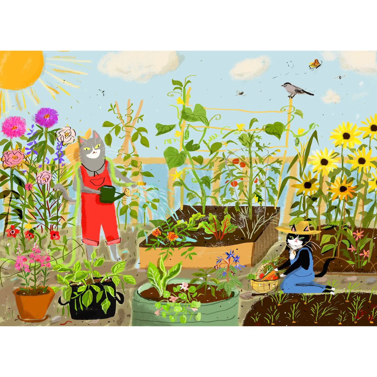 Illustration of two cats gardening with plants and flowers in a garden setting.