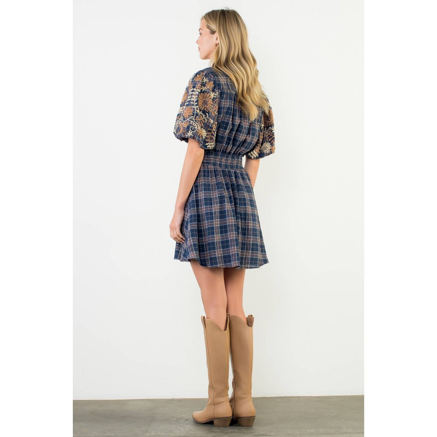 Khloe Embroidered Puff Sleeve Plaid Dress