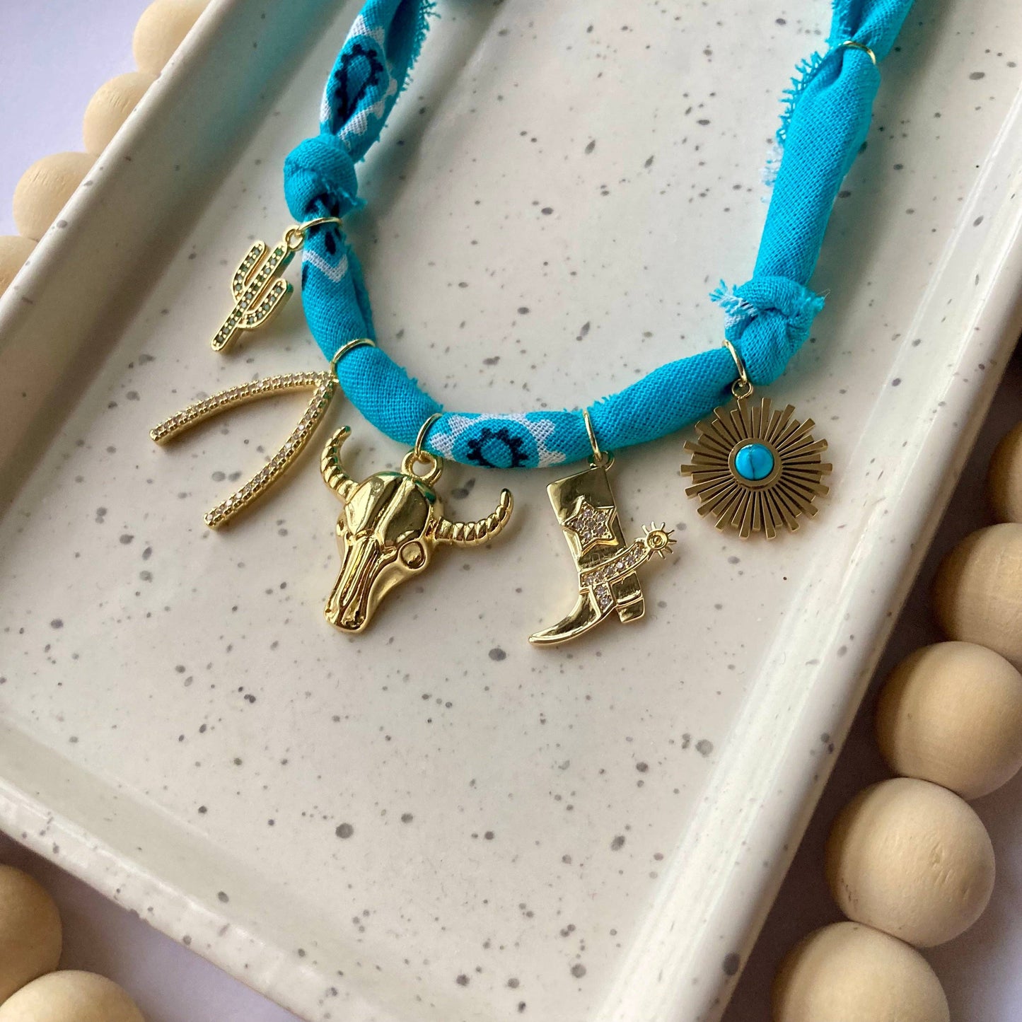 Larra Mirk Bandana Charm Necklace | Turquoise |  5 GOLD FILLED Charms