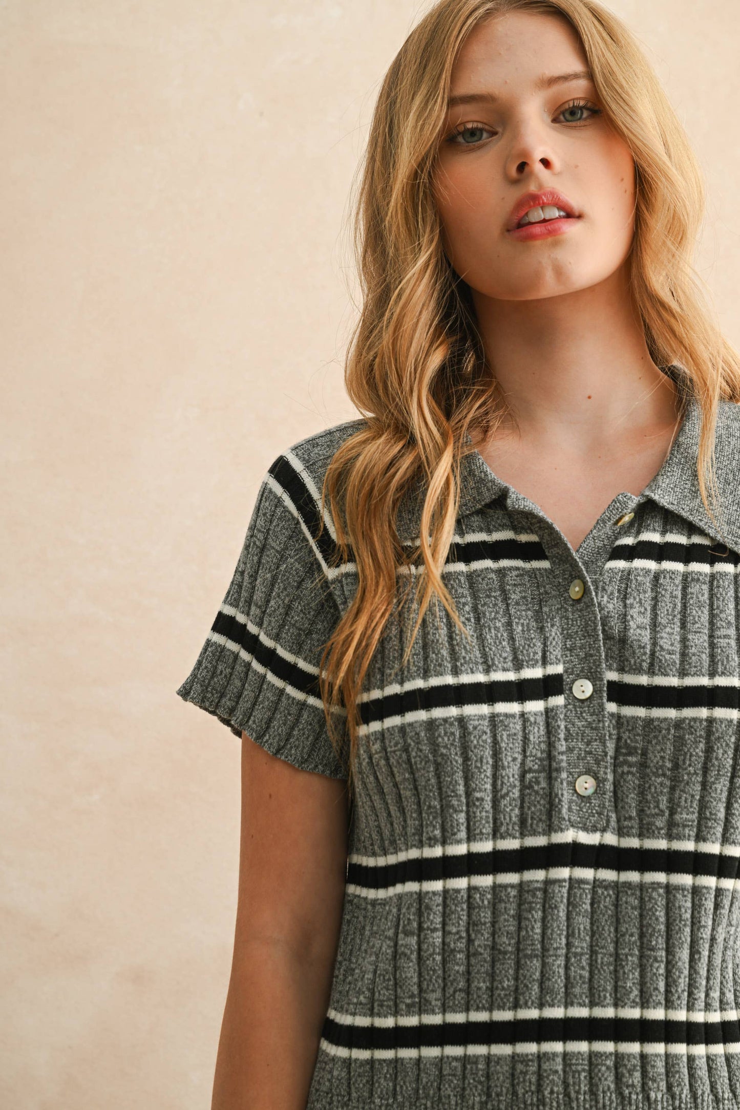 Trina Half Button Striped Rib Knit Sweater