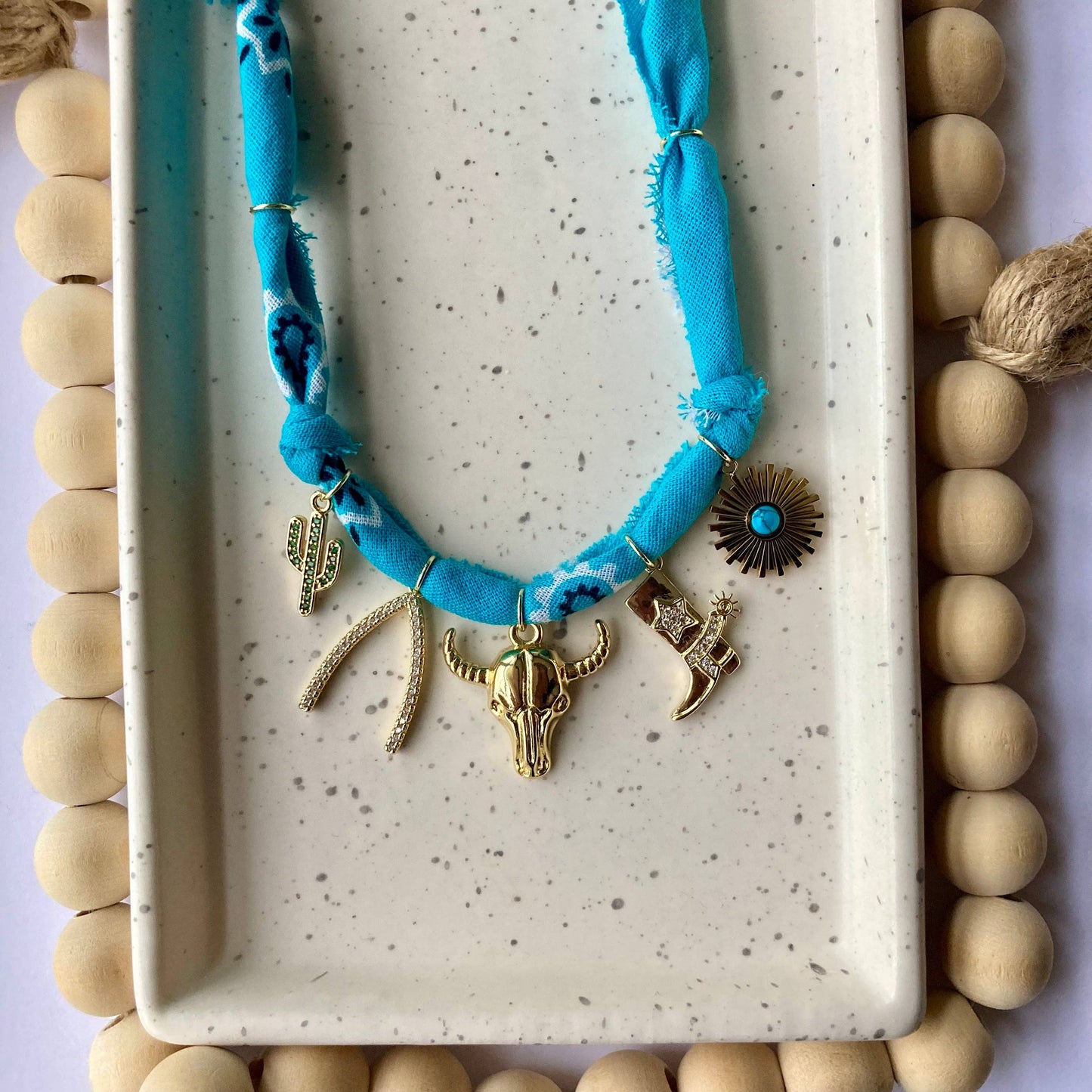 Larra Mirk Bandana Charm Necklace | Turquoise |  5 GOLD FILLED Charms