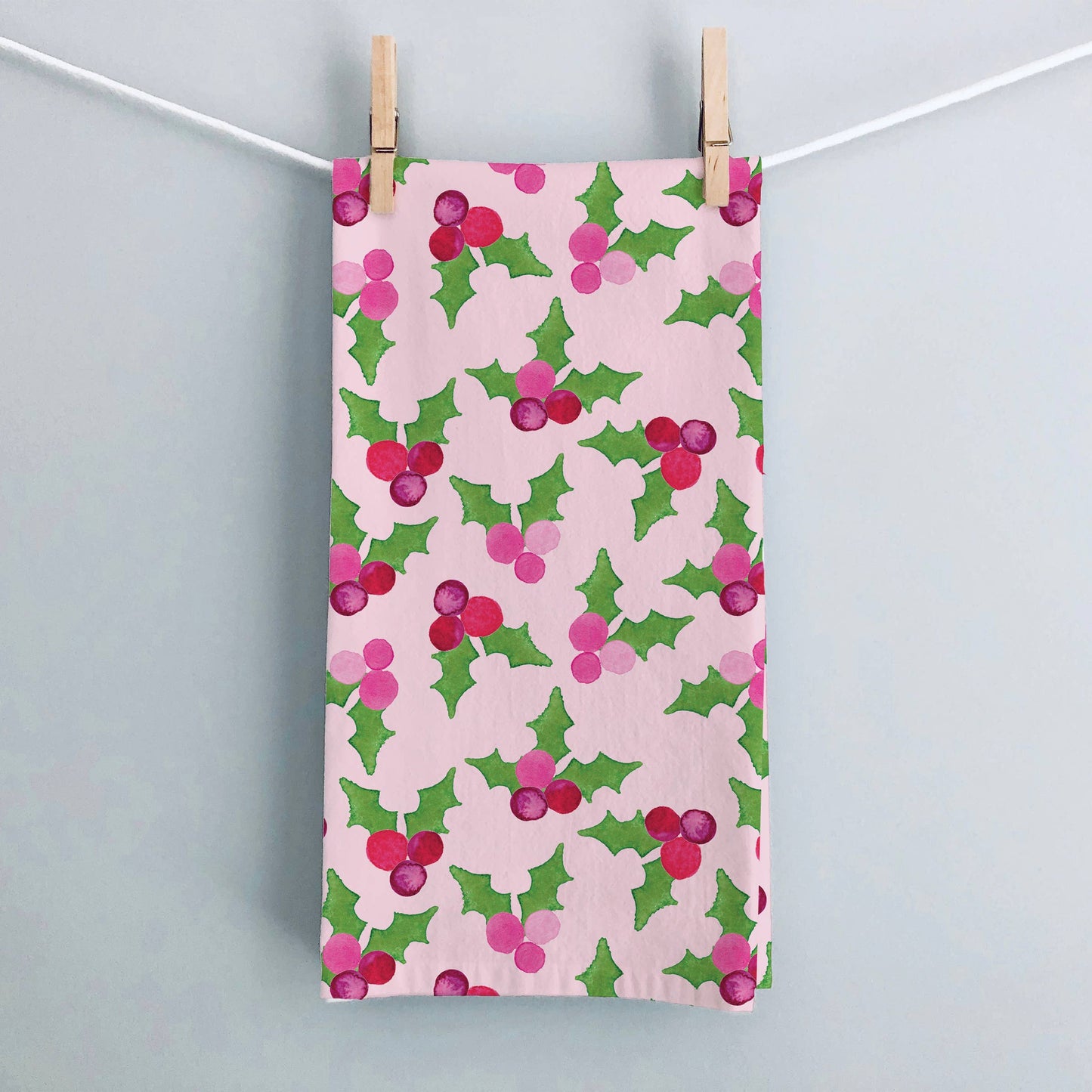 Pink Holly Tea Towel | Pink Christmas Holly Dish Towel