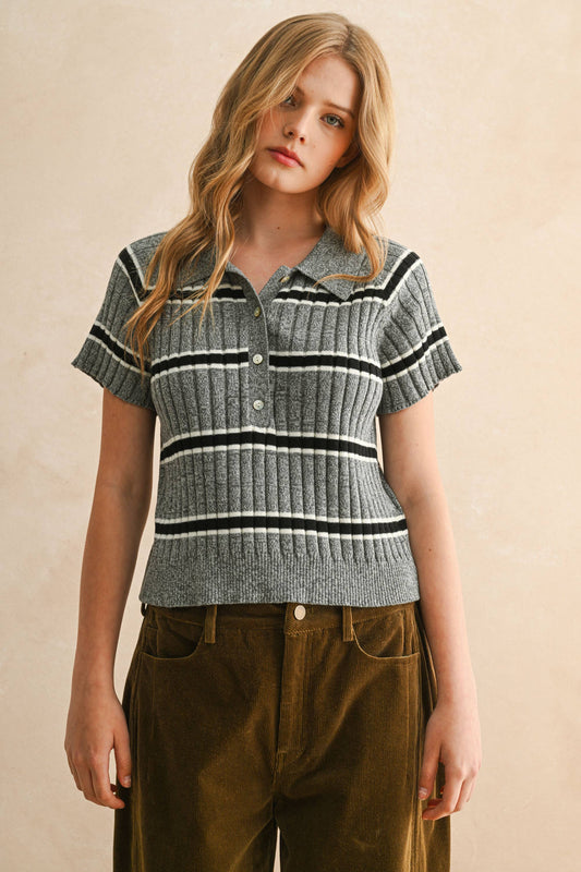 Trina Half Button Striped Rib Knit Sweater