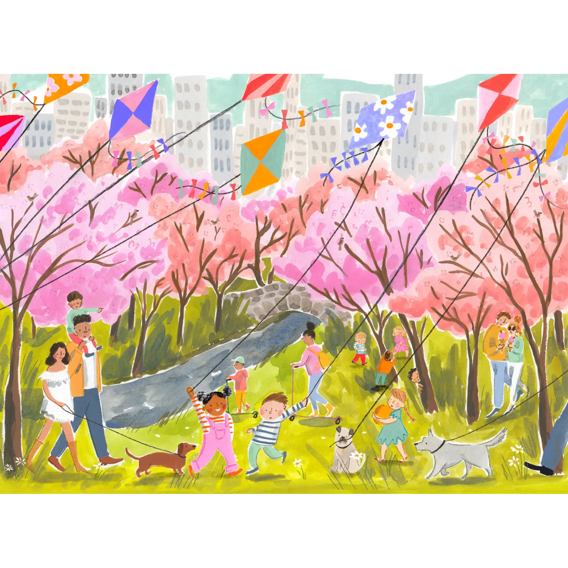 Illustration of a park scene with people flying kites and walking dogs on a sunny day.