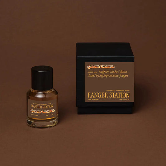 Perfume bottle and packaging of 'Ranger Station' on a brown background