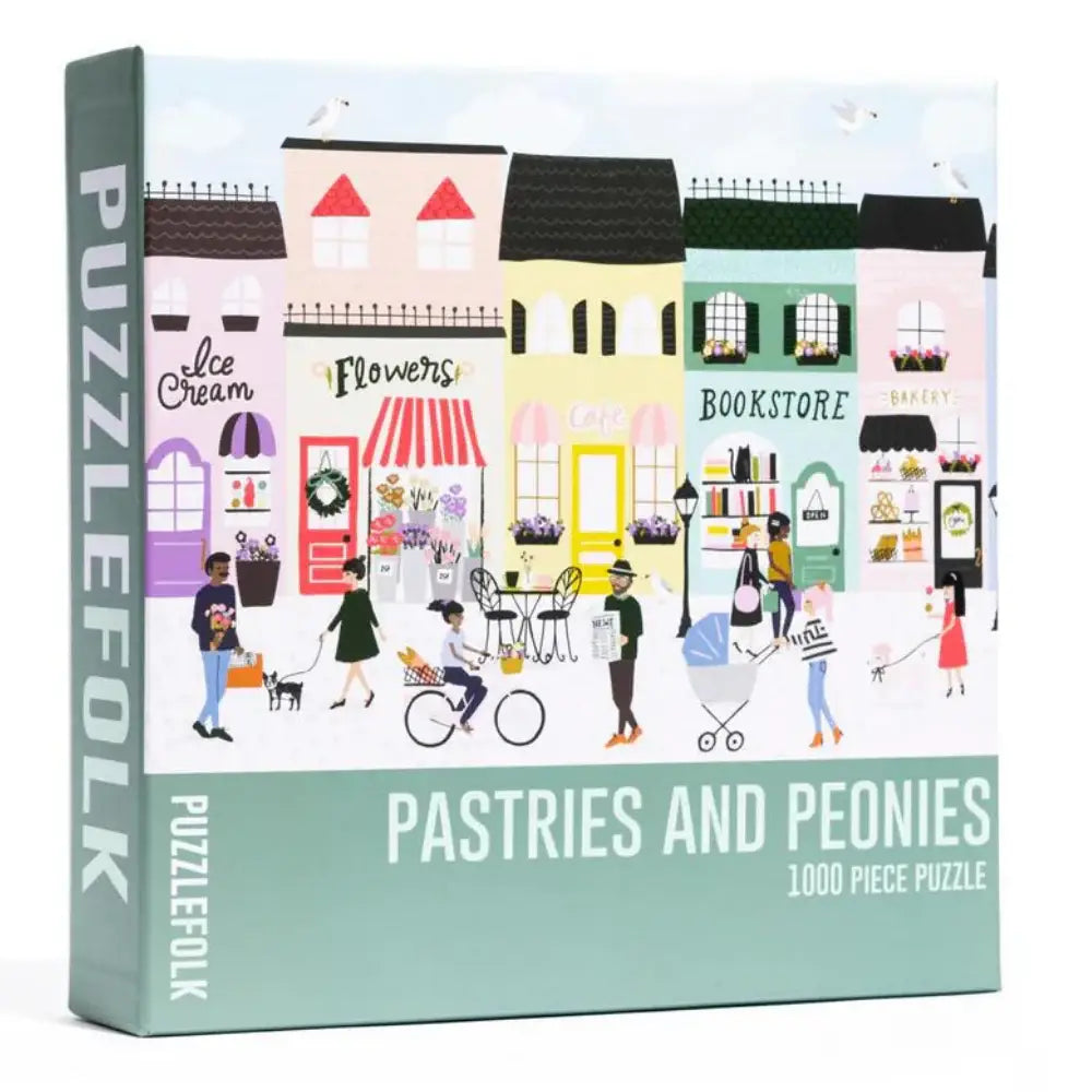 Puzzle box with illustrated scene of a town square and 'Pastries and Peonies' text
