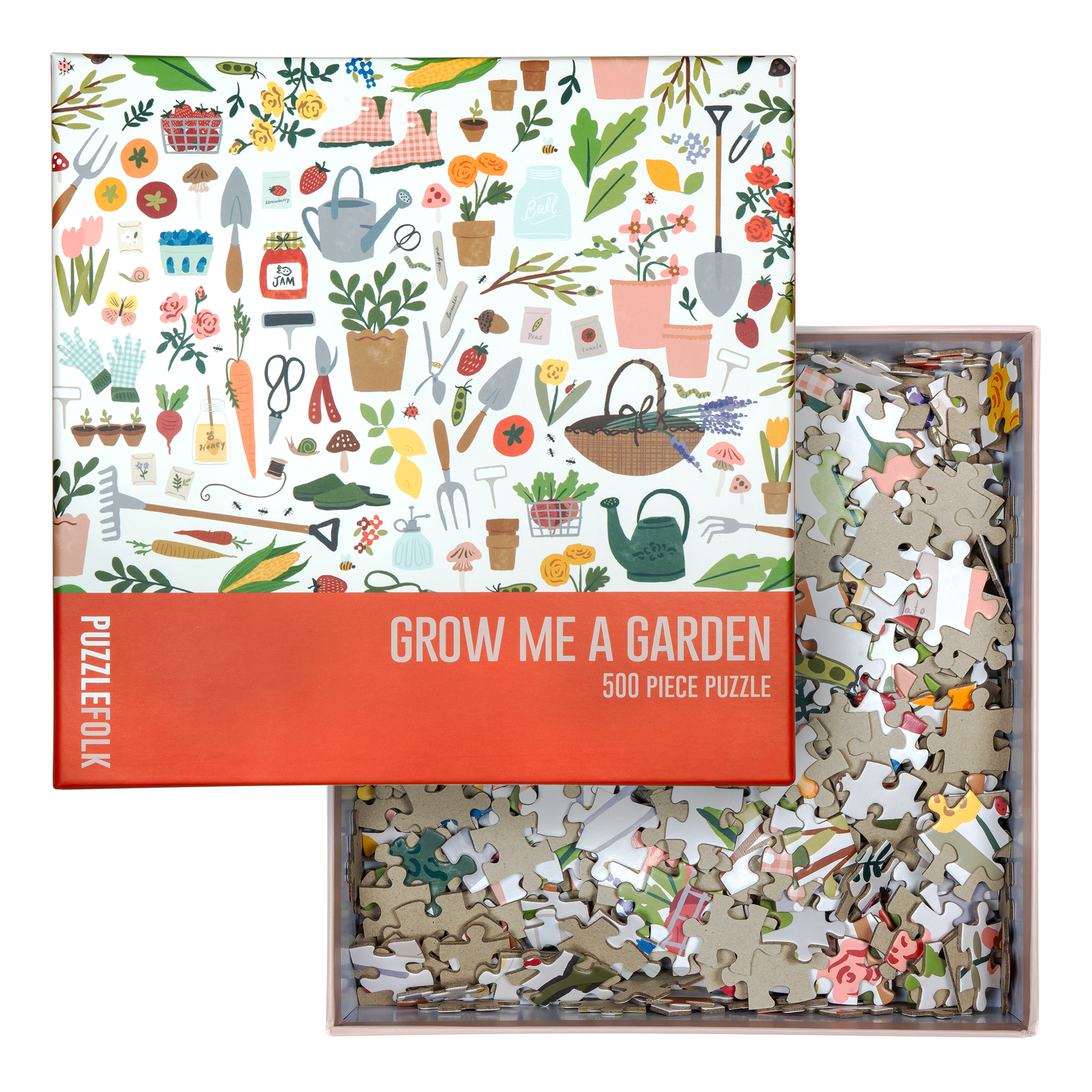 Garden-themed puzzle with pieces spilling out of the box, featuring illustrations of gardening tools and plants.