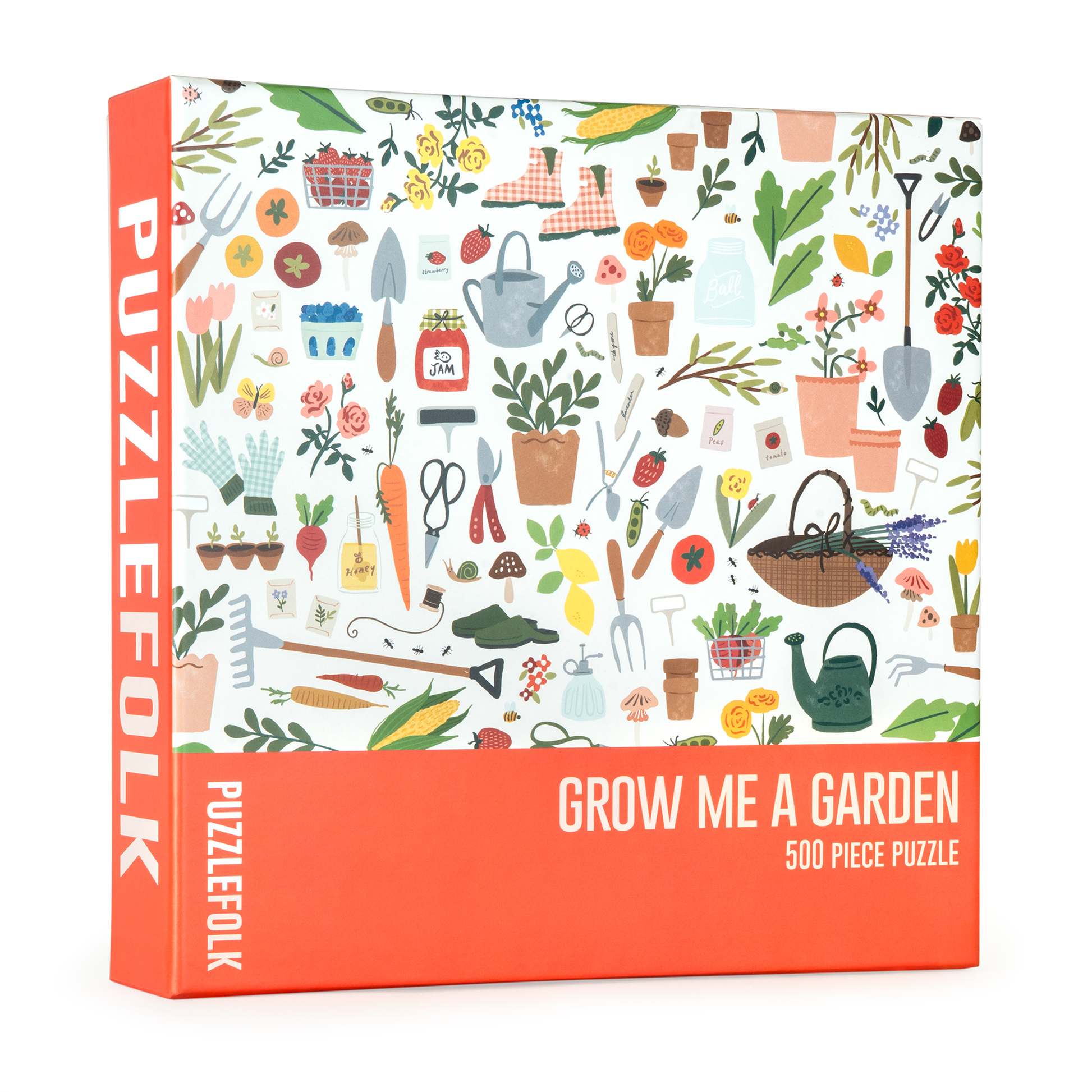 Puzzle box with gardening-themed illustrations and 'Grow Me a Garden' text