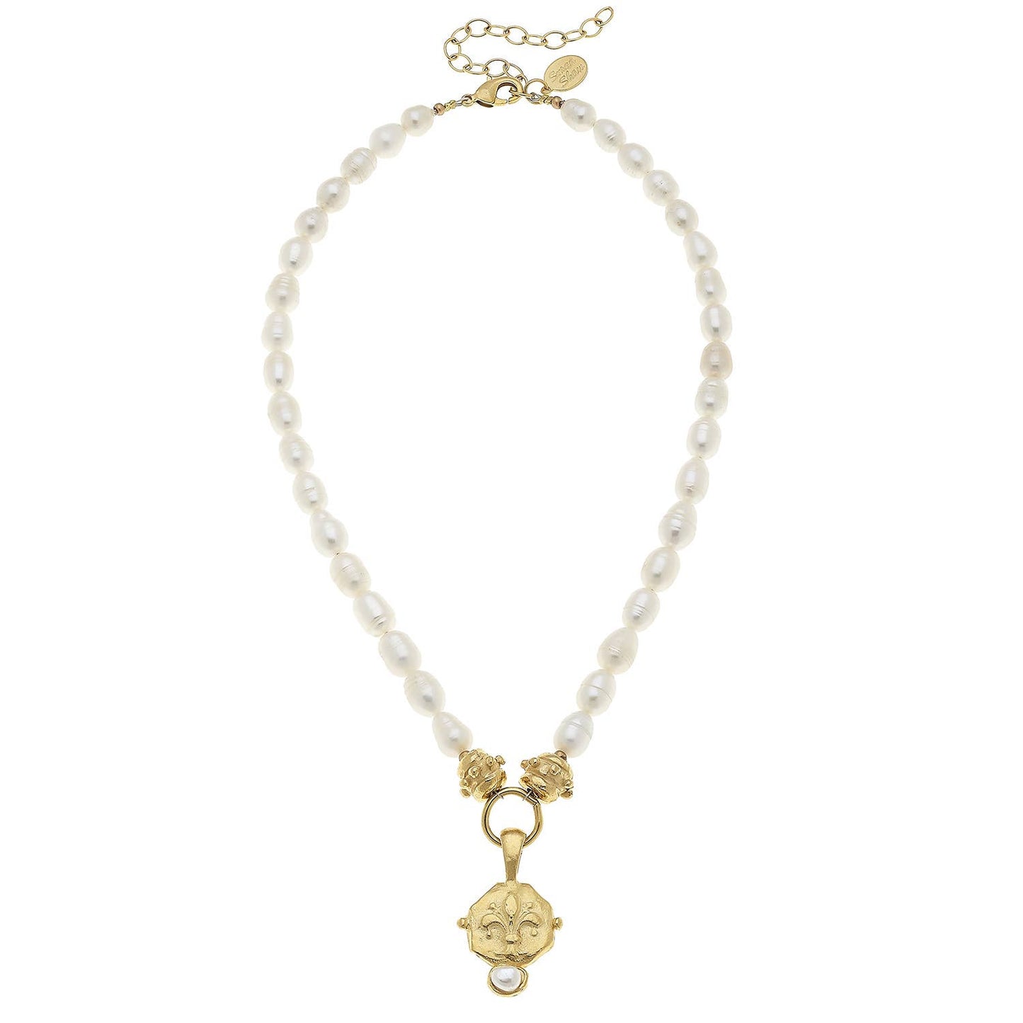 Handcast Gold Fleur De Lis Intaglio with Hand Set Pearl on Genuine Freshwater Pearl Necklace