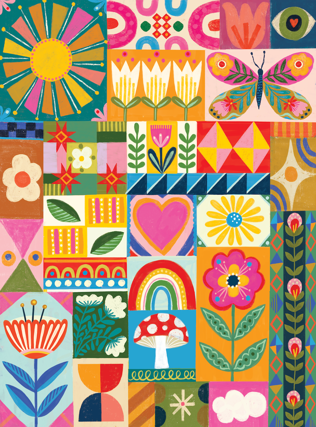 Colorful patchwork pattern with various shapes and abstract designs.