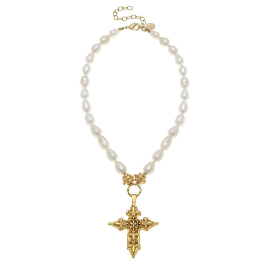 Gold Cross on Genuine Freshwater Pearls