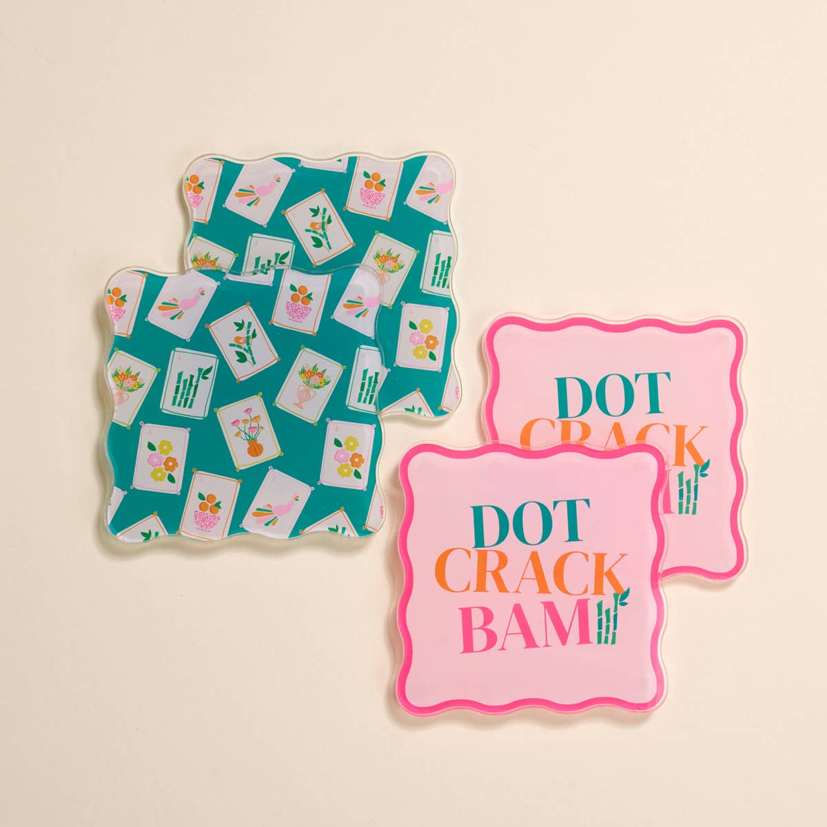 Two colorful coasters with different designs on a beige background