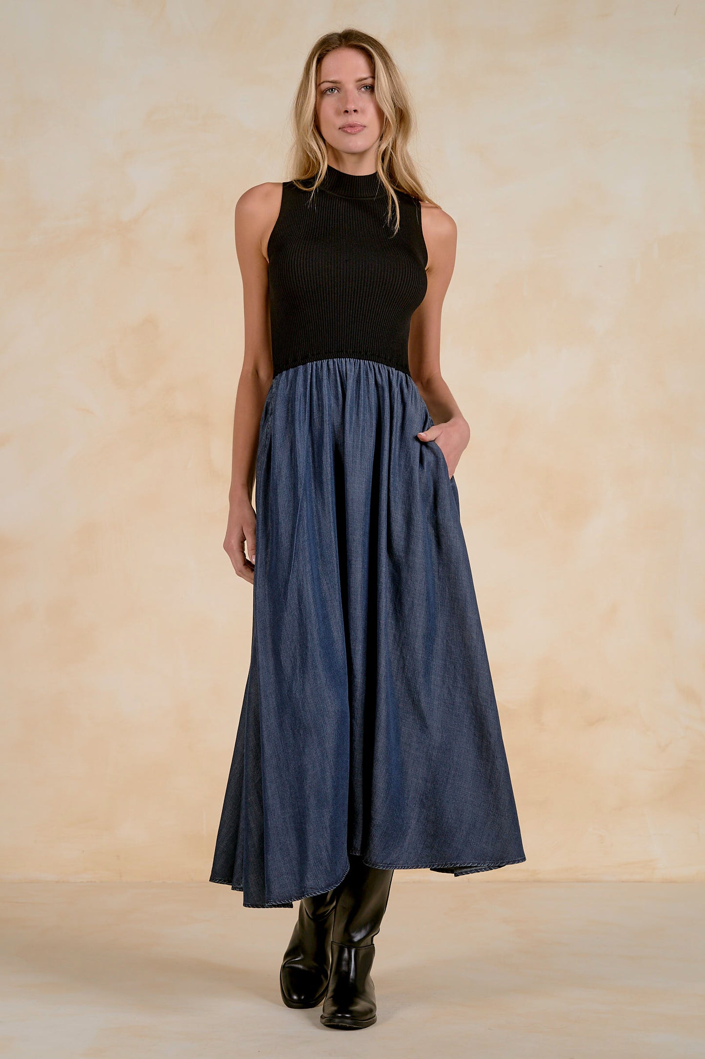 Arlene Black and Denim Mixed Media Dress