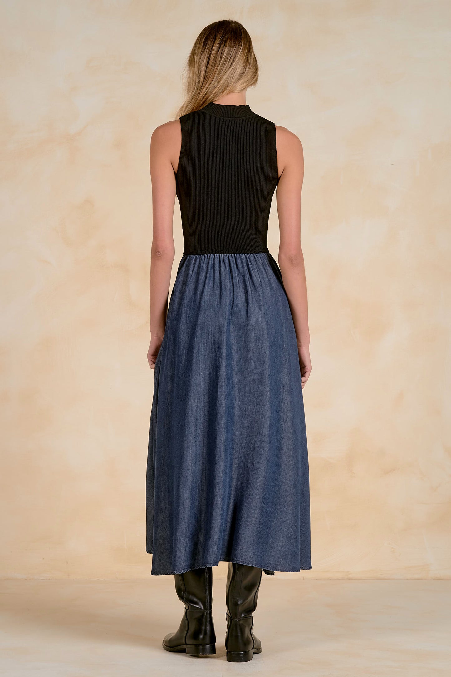 Arlene Black and Denim Mixed Media Dress