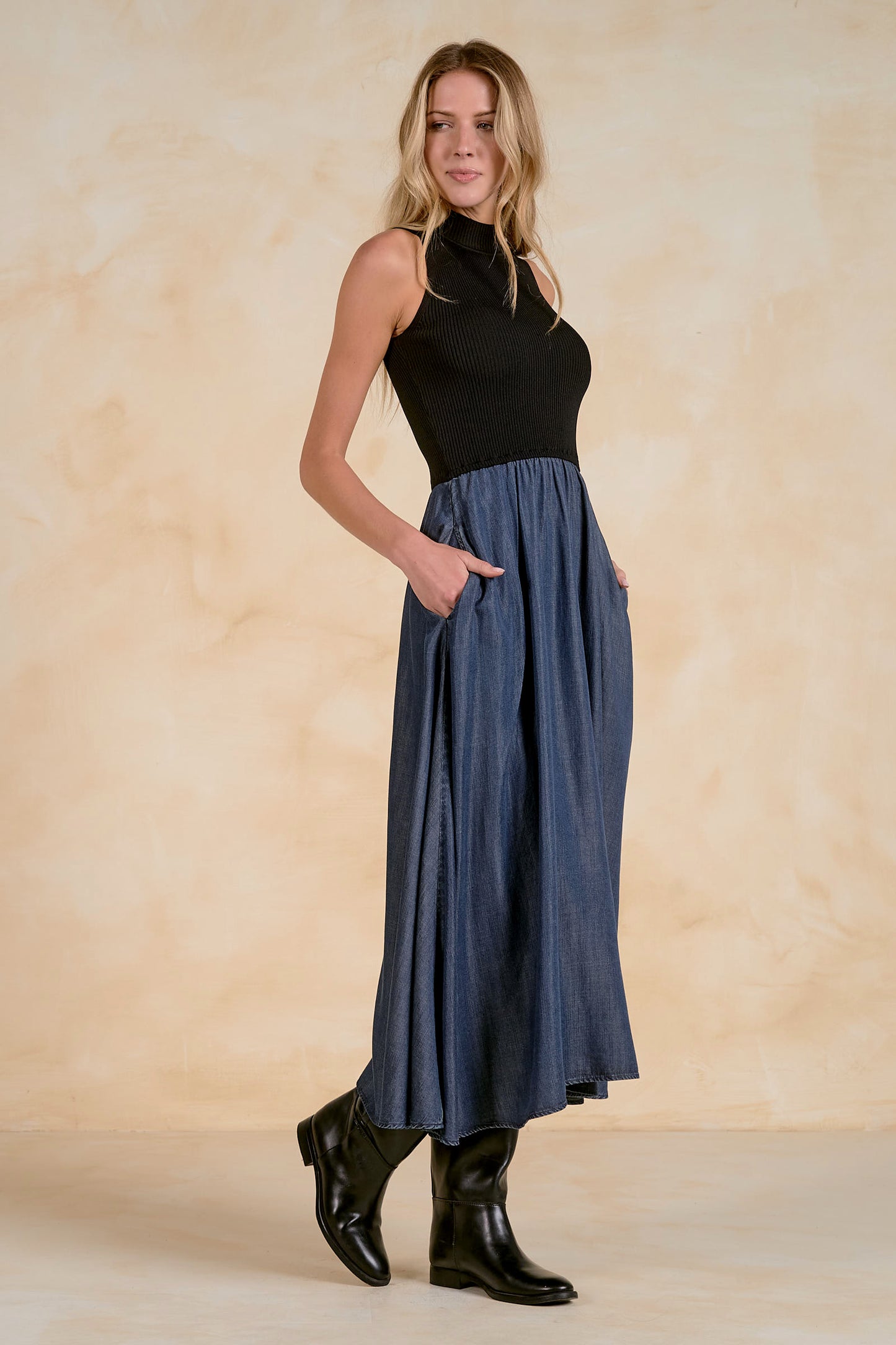 Arlene Black and Denim Mixed Media Dress