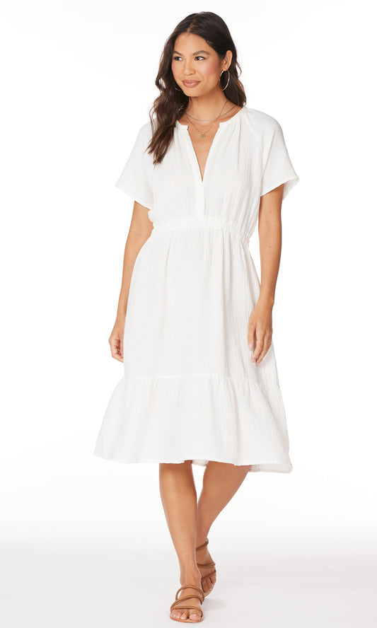 Elastic Waste White Ruffle Dress