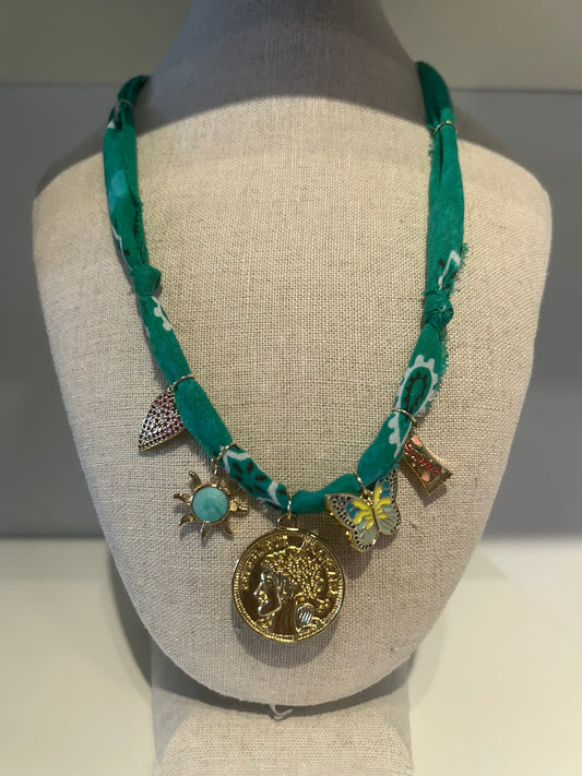 Larra Mirk Bandana Charmer | Green 5-Charm Gold Filled Necklace
