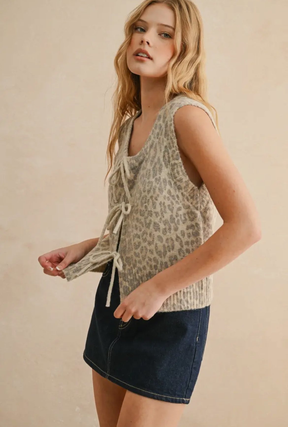 Arla Animal Print Tie Front Sweater Vest