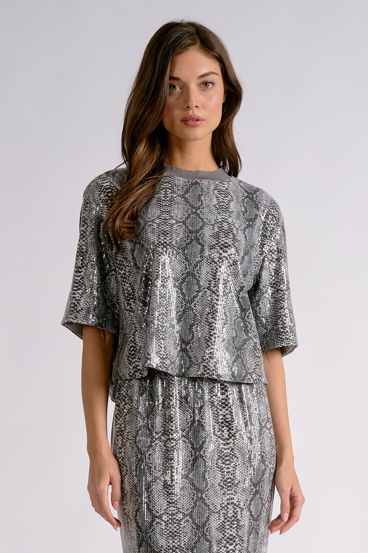 Monroe Short-Sleeve Sequin Snakeskin Top