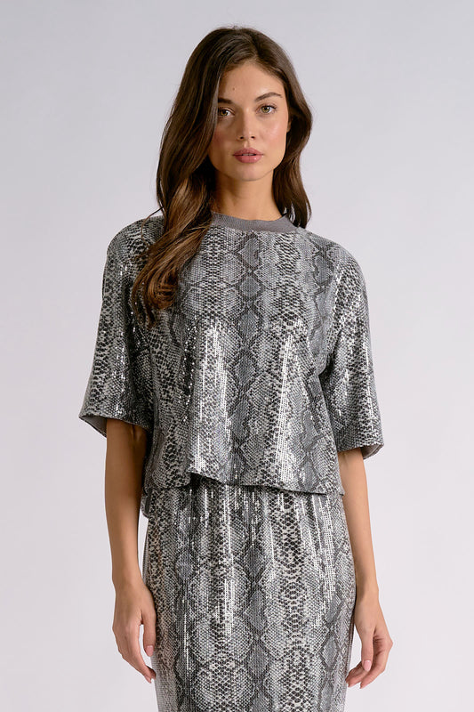 Monroe Short-Sleeve Sequin Snakeskin Top