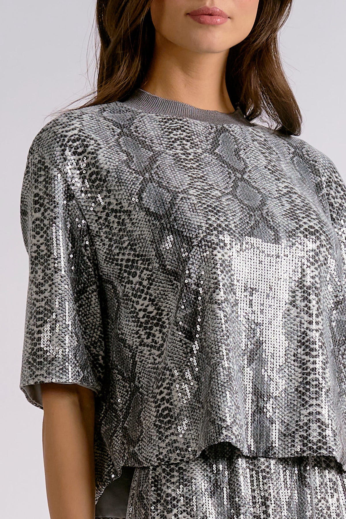 Monroe Short-Sleeve Sequin Snakeskin Top