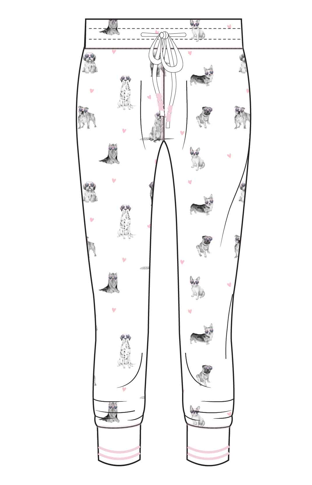 White pajama pants with black dog print on a white background