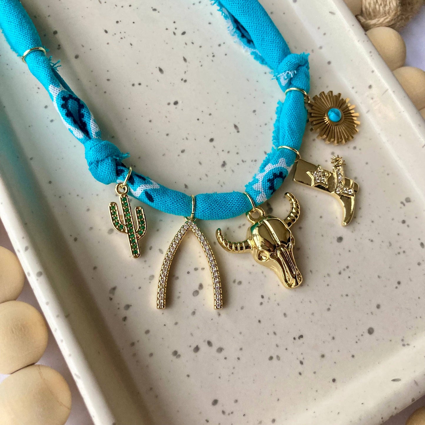 Larra Mirk Bandana Charm Necklace | Turquoise |  5 GOLD FILLED Charms