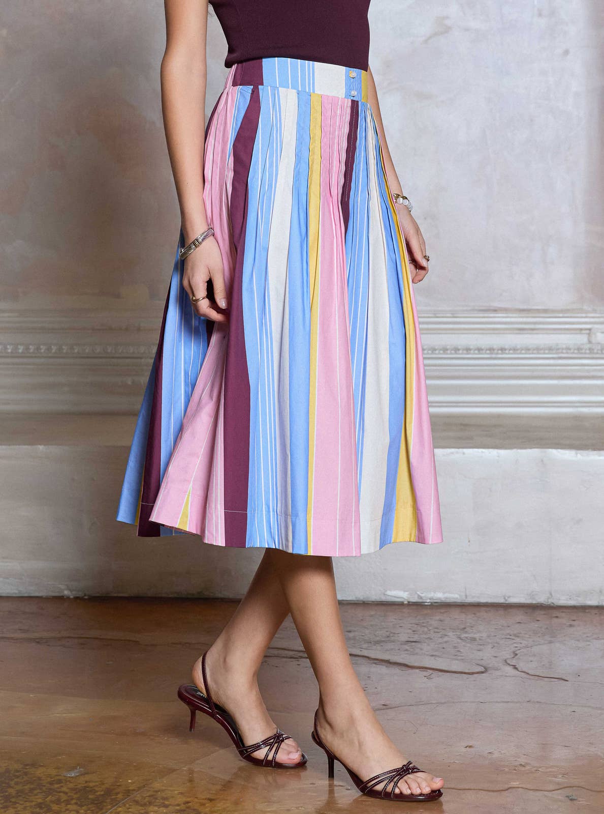 Marti Striped Cotton A-line Midi Skirt