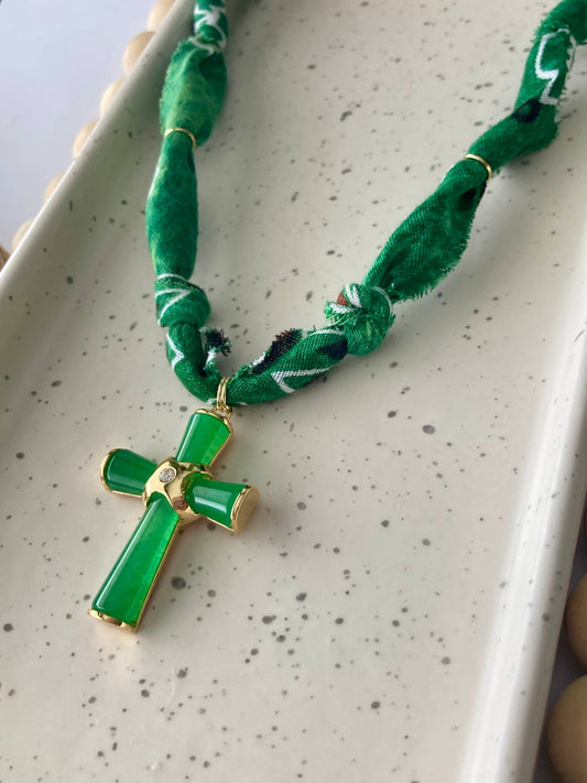 Larra Mirk Bandana Jade Cross Charm Necklace