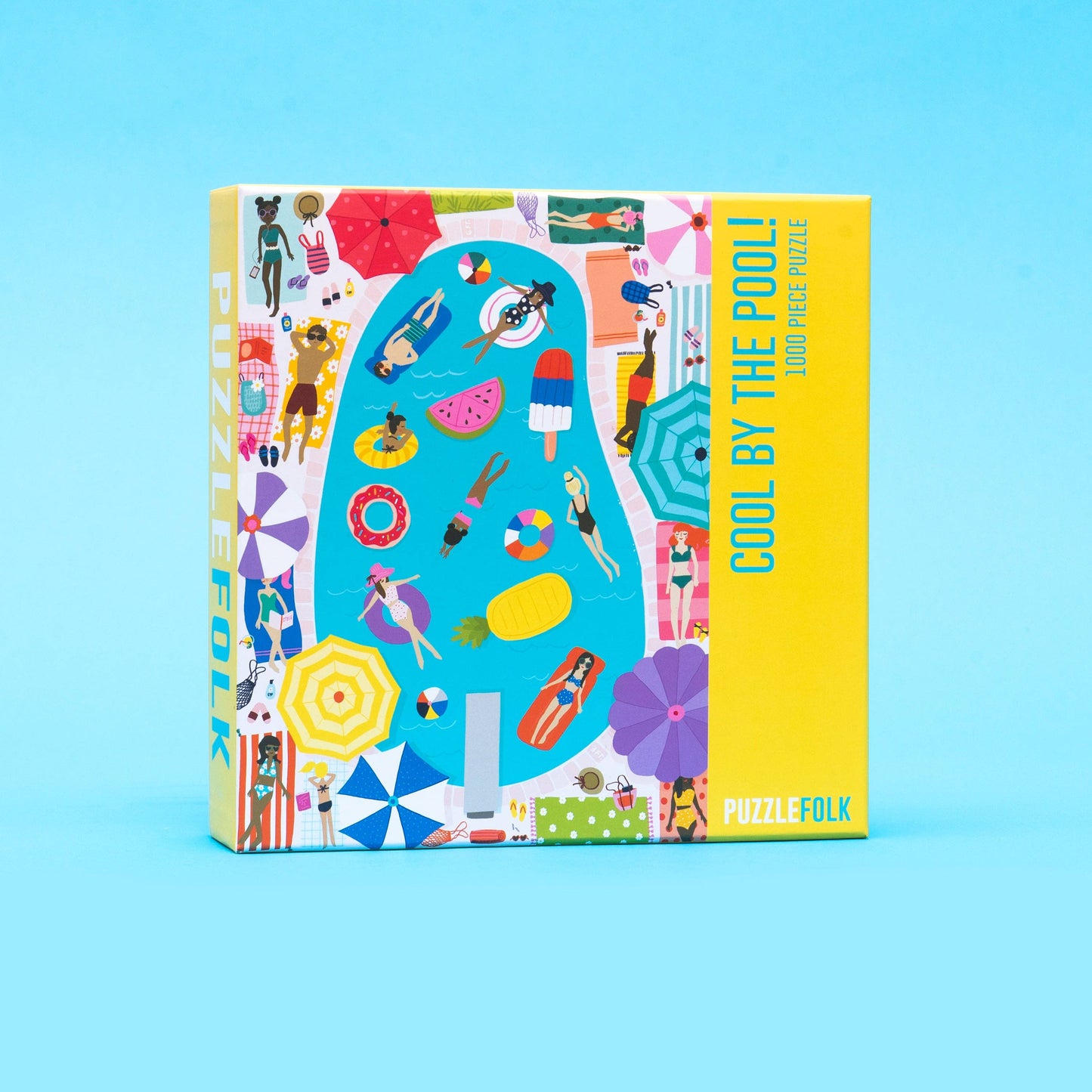 Puzzle box titled 'Cool by the Pool' with colorful illustrations on a blue background