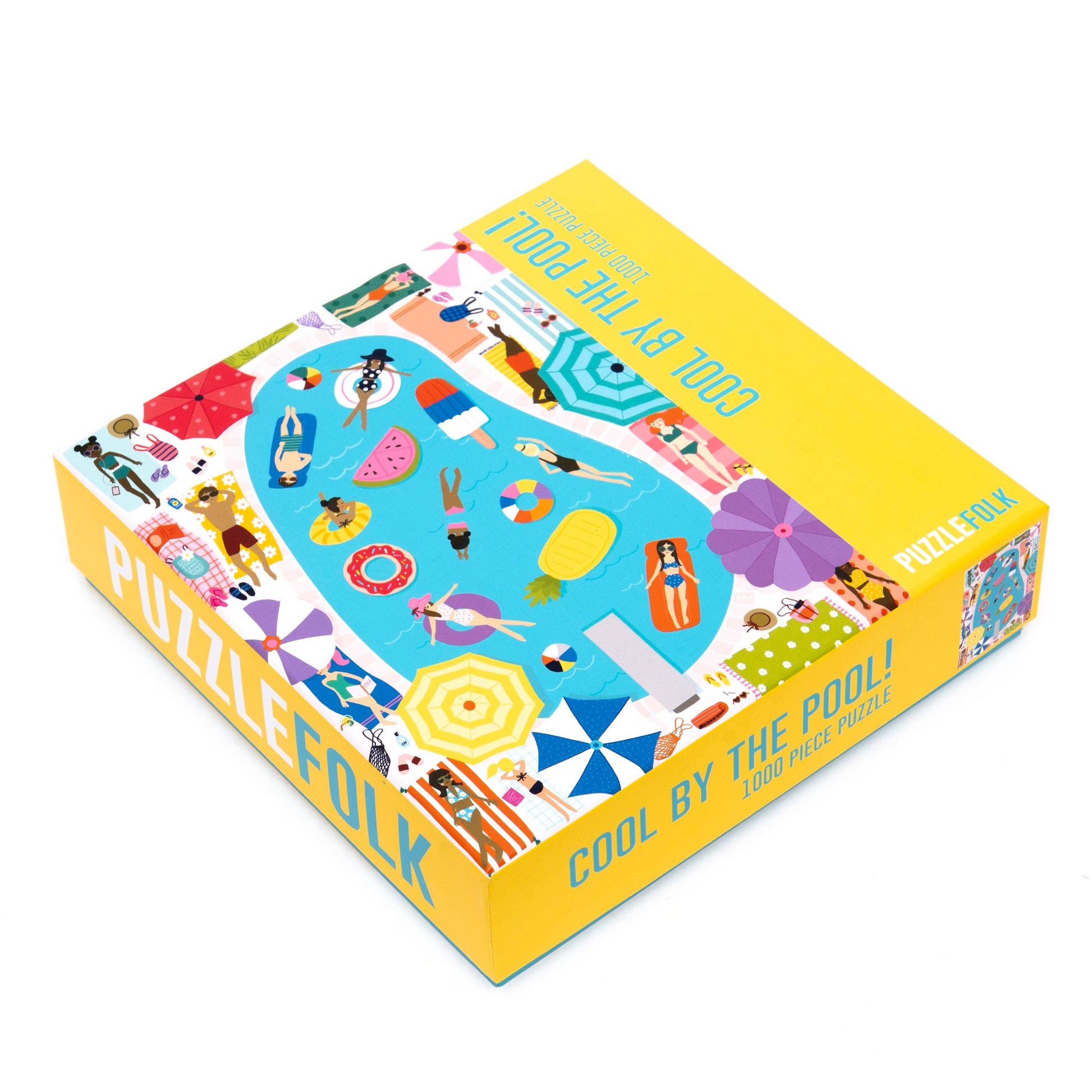 Puzzle box titled 'Cool by the Pool' by Puzzle Folk with poolside illustrations on a white background.