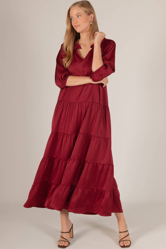 Crinkle Satin Ruffled Neckline Tiered Maxi Dress