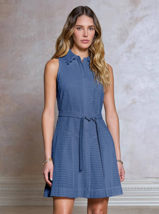 Woman wearing a blue dress against a neutral background