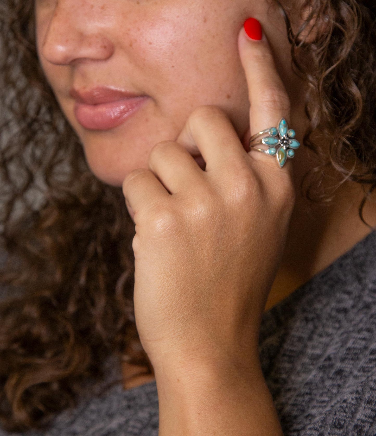 Floral Blue Turquoise and Sterling Silver Statement Ring (Online Only)