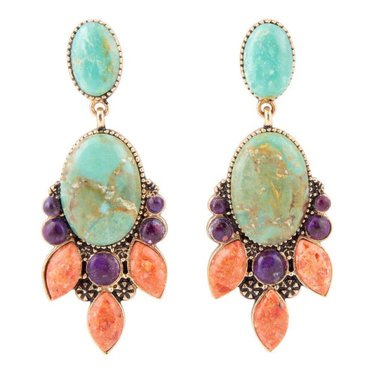 Regalia Blue Turquoise Purple and Orange Coral Golden Post Drop Earrings