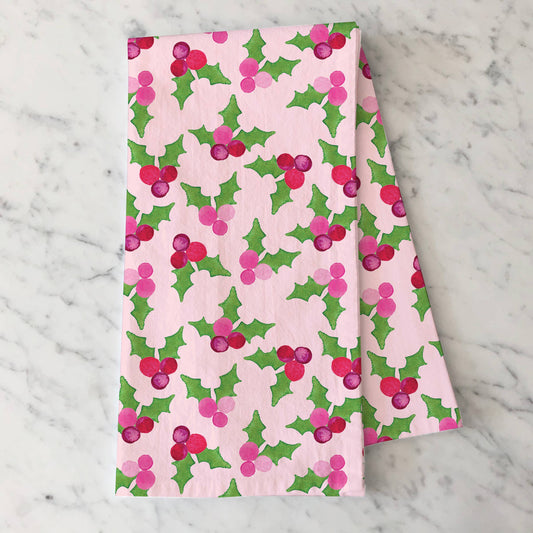 Pink Holly Tea Towel | Pink Christmas Holly Dish Towel