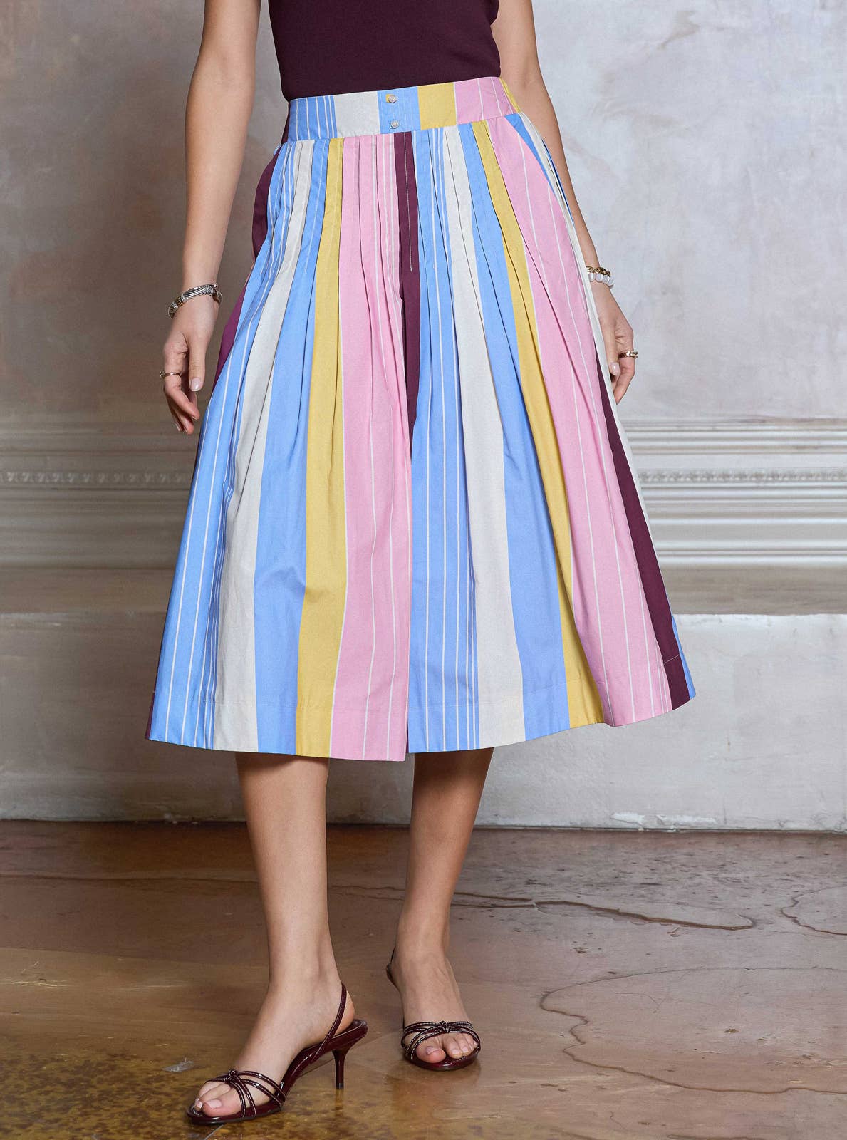 Marti Striped Cotton A-line Midi Skirt
