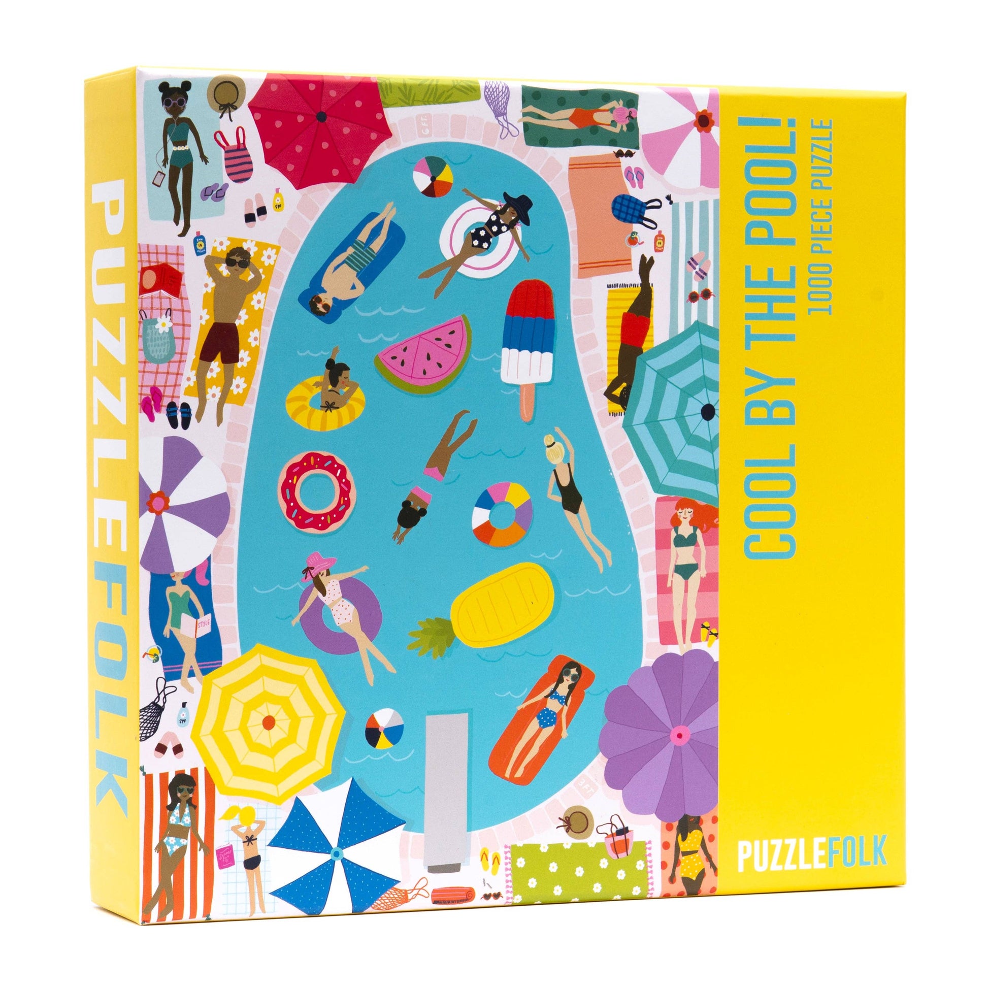 Puzzle box featuring a pool party scene with people, pool toys, and umbrellas.