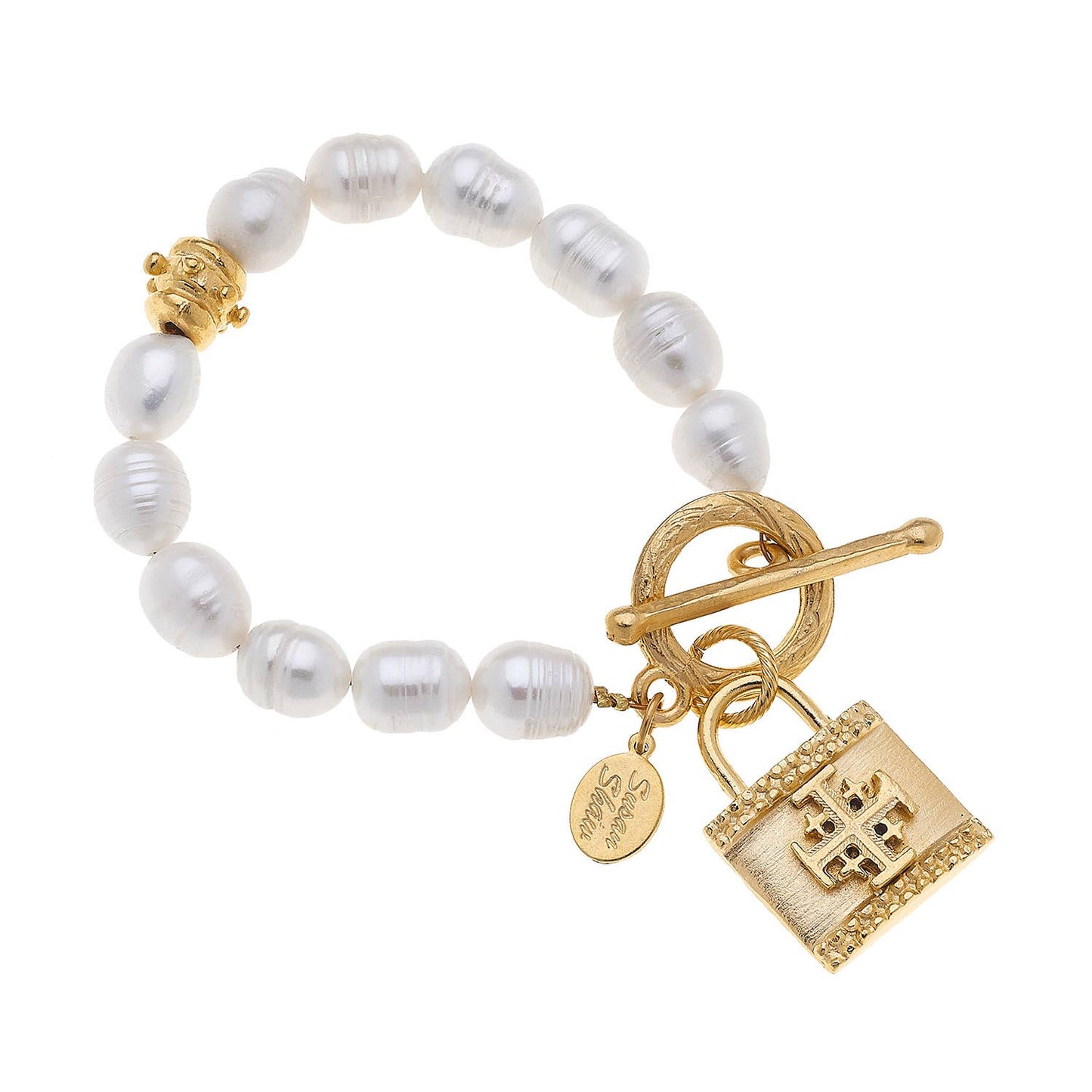 Freshwater Pearl & Jerusalem Cross Lock Bracelet